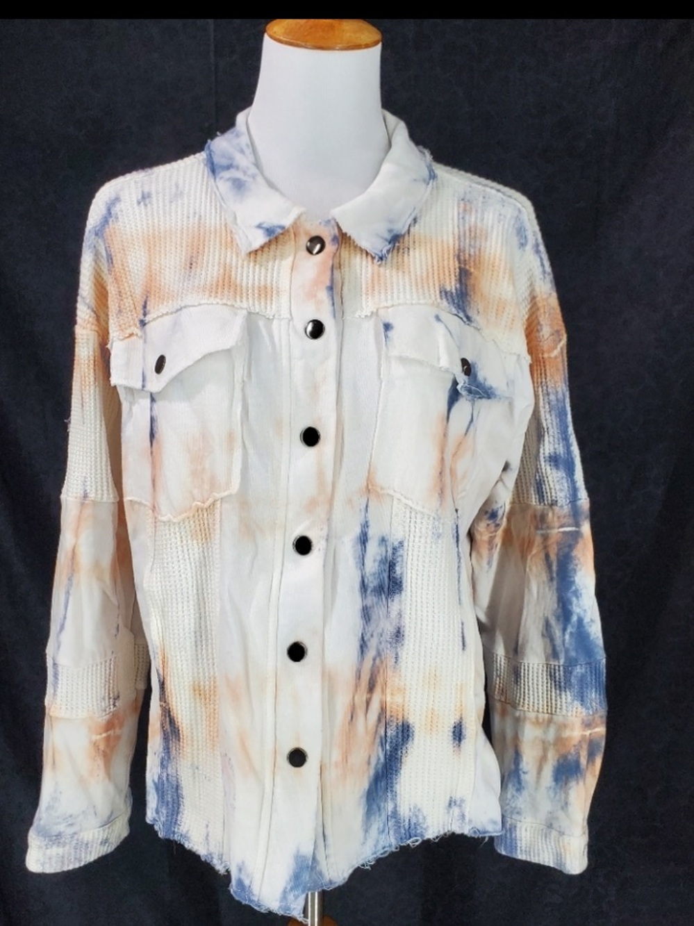 POL Tie-Dye Button Front Jacket in White, Blue & Tan